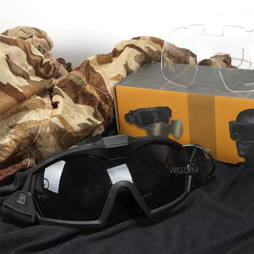 WQZXM Lunettes De Protection Militaire Tactique Anti-buée Anti-Chocs avec 2 Lentilles pour L'équitation, Le Tir Et La Chasse(Black)