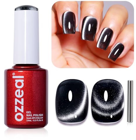 Ozzeal Cat Eye Gel Nail Polish, 0.5 Fl Oz Black Magnetic UV LED Holographic Glitter Diamond Shimmer Sparkle Nail Art DIY Manicure