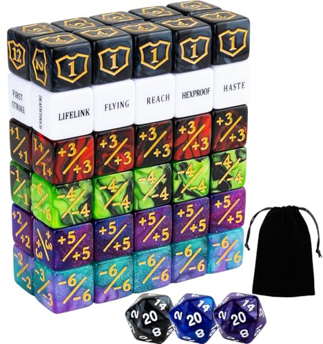 63 Pieces MTG Dice Counters Bulk Ability Keywords MTG Tokens Shield Life Counter 6 Sided Dice Set for Magic The Gathering,TCG,Cards Gaming Accessories