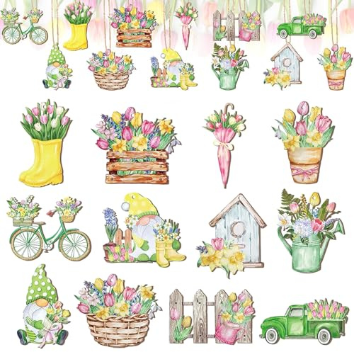 12 Stück Frühling Blumen Aufhängen Wichtel Holz Ornament Verzierung für Bastelarbeiten Holzanhänger für Frühling Sommer-Themen, Baby Shower Dekoration (A)