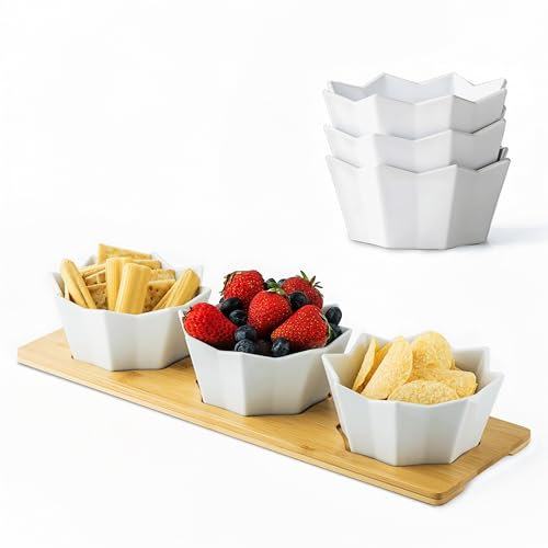 Home Harbour Ceramic Serving Tray Set 3 Section Divided Bowls with Bamboo Board Tray | Appetizer, Snack, Dip, and Starters Platter for Christmas, Holidays, Parties, Gatherings, Weddings, Occasions