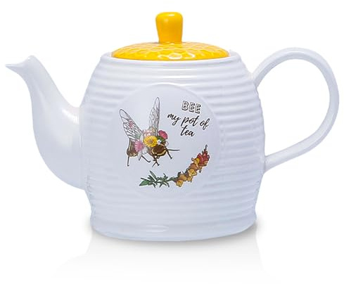 Prefdo Théière en porcelaine blanche avec motif abeille - 1000 ml - Pour la maison, la cuisine, le bureau, le café, le thé, le paquet cadeau