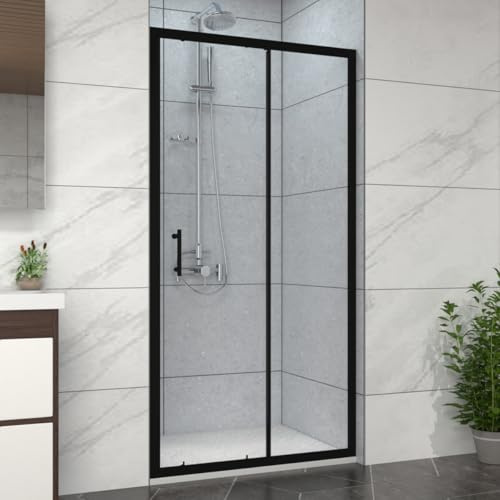 NRG 1100mm Bathroom Shower Enclosures Single Sliding Shower Door Matte Black Framed with 1100x700mm SMC Rectangle White Shower Tray