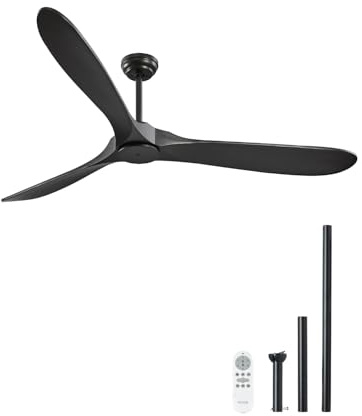 VEVOR Ventilador Moderno de Techo Sin Luz 180 cm con Mando a Distancia 6 Velocidades, 3 Aspas de Madera, Motor DC Reversible, para Dormitorio, Salón, Interior, Exterior, Negro, Φ 1800 x 662,8 mm