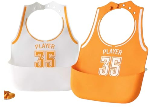ROCKYSHOP Bavaglino Silicone set da 2 a Forma di Maglia Basket con Tasca Raccoglicibo - Resistente, Facile da Pulire, Adatto a Bambini - Divertente e Pratico per Pasti Senza Sporcare