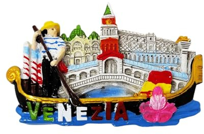 Kühlschrankmagnet Italien Venedig mit Gondel und Hintergrund der Stadt 3D aus Kunstharz, Sammlerstück, 9 x 6 cm, 60443