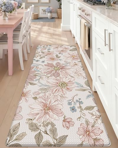 DEXI Tappetini da cucina per pavimento, 43 x 140 cm, tappetino imbottito anti-affaticamento, impermeabile, confortevole, floreale, imbottito, per lavanderia, ufficio, rosa