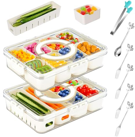 JNYLYFC 14 Compartment Snackle Box with Lid, Handle & Cutlery | BPA-Free, Reusable,Transparent, Removable Trays with Forks, Spoon & Clip, Airtight, Portable – Ideal For Picnics, Travel