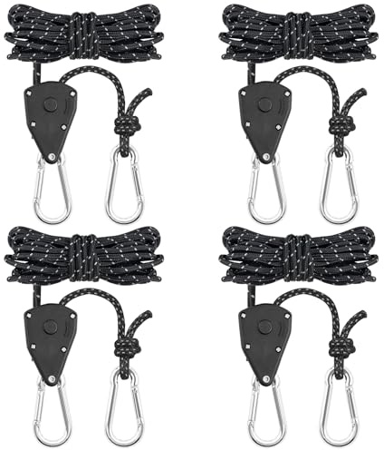 4 Stück 4 mm Verstellbarer Seil Ratsche, 5 m Abspannseile mit seilspanner, Einstellbare Ratchet Hanger, Zeltschnur, Reflektierende Abspannseile für Sonnensegel Markisen Plane Wandermarkise Picknicks