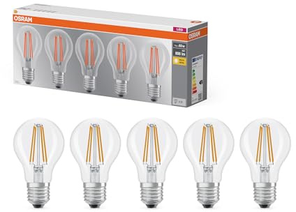 OSRAM Lampe LED Filament Base A60 forme d'ampoule 7W 827, 2700K blanc chaud, E27, transparente, 806 lm, résistante aux chocs et aux vibrations