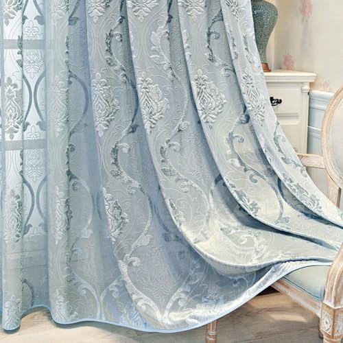 Vintage Vorhang Halbtransparent Ösen 3D Tufted Barock Gardinen Wohnzimmer | Blau Vorhäng Transparent Lichtdurchlässig Blumenmuster Ösenschals für Schlafzimmer Wohnzimmer 2er Set 100x200cm