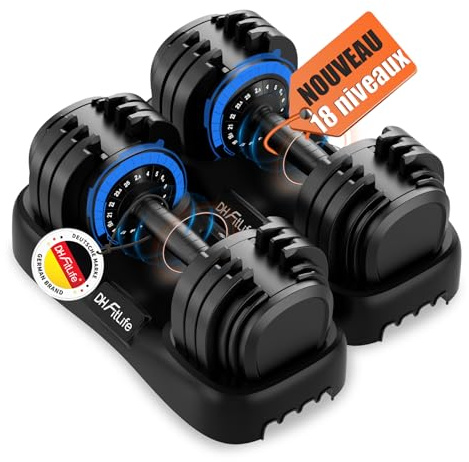 DH FitLife 2026 Nuovo Manubri Regolabili da 2,5 a 25 KG con Base Porta Pesi – Set Manubri Componibili per Uomo e Donna con 18 Pesi in 1, Manubri Regolabili Salvaspazio per Allenamento a Casa (2 Pezzi)