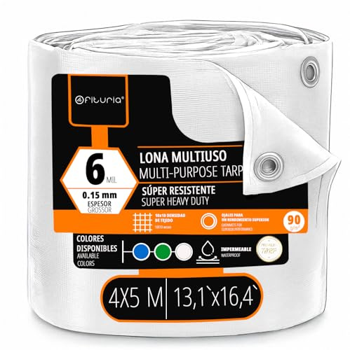 OFITURIA Lona Multiuso Impermeable 4 x 5 m Blanco, Pack 1 ud, Ideal para Cubrir y Proteger Muebles, Suelos y Equipos en Exterior, jardín, Camping y Obras (4x5m, 1 ud)
