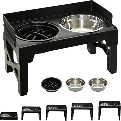 Raised Dog Bowls with Stand, 5-Level Height Adjustable Elevated Dog Bowls with 2x 1200ml Stainless Steel & 1 Slow Feeder Bowl for Large, Medium & Small Dogs, 5cm Splash Guard, Black
