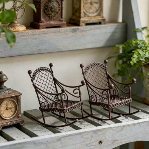 KARLOR Set of 2 Mini Rocking Chairs, Metal Swings Chairs Ornament, Miniature Garden Decoration, Retro Iron Art Decoration for Fairy Garden Shelf Windowsill Table Wine Decoration Gift (Brown)