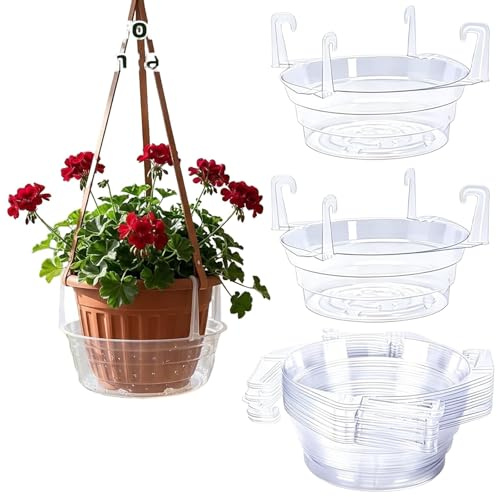 Colgador de agua para plantas colgantes, bandeja de riego con ganchos, platillo de plástico transparente para macetas de interior y exterior, se adapta a la mayoría de cestas de flores (10, 8)