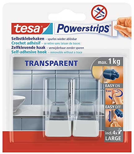 tesa Powerstrips Hooks - Self-Adhesive Wall Hooks for Glass Walls and Coloured Surfaces - Powerstrips Technology - Transparent/White - Large