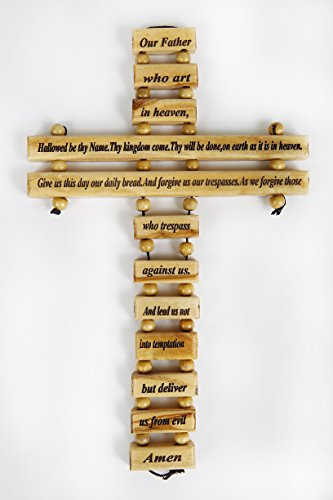 Olive Wood Crucifix/Wall Cross Adorned with The Our Father Prayer Hand Crafted by Artisans in Bethlehem.an Ideal Religious Gift for Christmas or Any Other Christian Holiday.