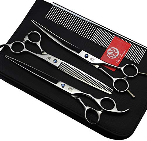 Purple Dragon 8.0 inch Dog Hair Cutting, Curved and Thinning Scissor Shears Pet Grooming Tool Kit