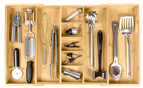 KitchenEdge Adjustable Kitchen Drawer Organiser for Utensils and Junk, Expandable to 28 Inches Wide, 9 Compartments, 100% Bamboo | Food-safe contract grade, 100% sustainable wood, non-slip, adjustable