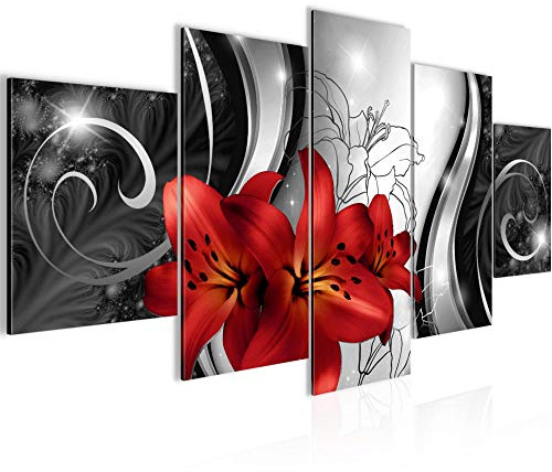 Runa Art Bild Wohnzimmer Schlafzimmer Blumen Lilien 5 Teilig Rot Schwarz Weiss Wandbilder auf Vlies Leinwand 208453c