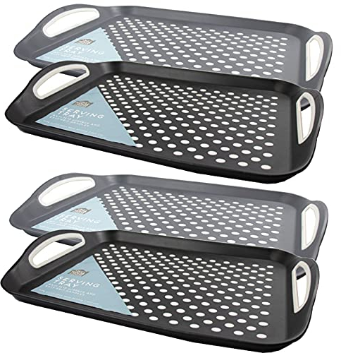 4 x Anti-Slip Plastic Party New Drinks Serving Kitchen Trays Grip Rubber Handles Surface, Dinner Non Slip Tray, Top Bottom Home Garden Office Cooking Dining Coffee Tea Black Grey White By SO