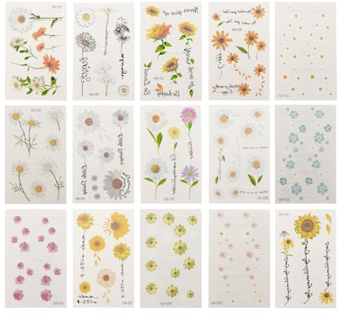 Lurrose Wasserdichte Blumen Tattoo Aufkleber 15 Stück Temporäre Körpertattoos Für Mädchen Gesicht Arm Körper Kunst Kreatives Gänseblümchen Design