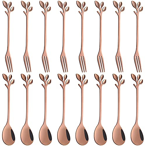 AnSaw 16 cucchiaini da caffè e forchette da dessert a forma di foglia color oro rosa, 11,9 cm, in acciaio inox, per tè, antipasti, degustazioni, feste, salumi, cocktail