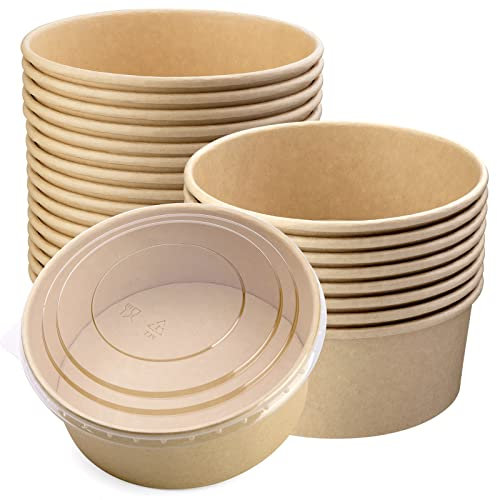 Giwrmu Lot de 25 récipients jetables avec couvercles, 1 100 ml, bols en papier avec couvercles, bols à salade jetables avec couvercles, récipients alimentaires ronds en kraft pour salade, crème glacée