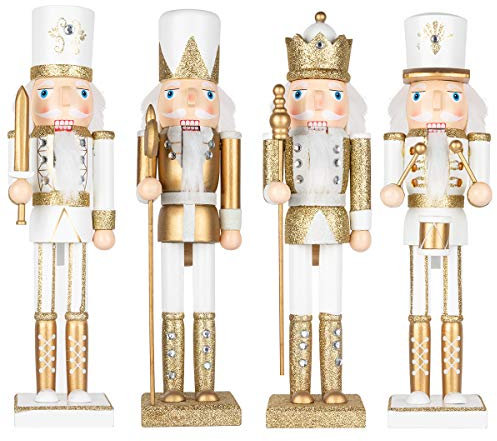 KI Store Casse-Noisette de Noël 38 cm en bois pour décoration de fête, bureau, petit cadeau (38 cm, or et blanc)