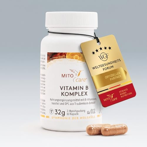 MITOcare Vitamin B Komplex - Komplex mit 8 B-Vitaminen - B1, B2, B3, B5, B6, B7, B9 & Vitamin B12 hochdosiert - Apothekenqualität - vegan - 2 Monatspackung mit 60 Kapseln - Produziert in Deutschland