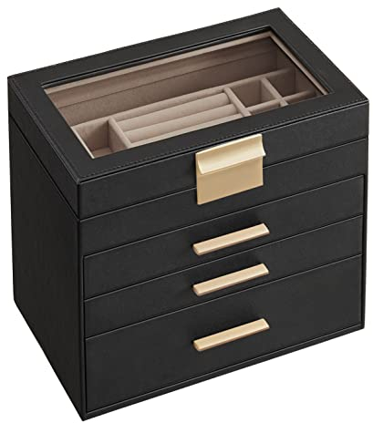 SONGMICS JBC161B02 Jewelry Box with Glass Lid 4 Tier 3 Drawers for Sunglasses, Large Jewelry, Jewelry Storage, Modern Style, Graphite, Black and Gold