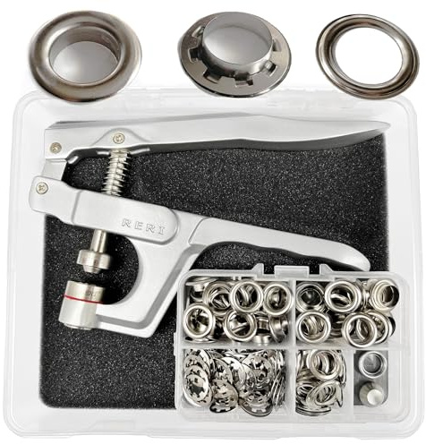 Pince à œillets de 10 mm avec outil argenté Grommet - Kit d'œillets publicitaires avec douilles - Outil de réglage pour tissus, toiles, bâches, auvents, tentes, bannières et publicité extérieure