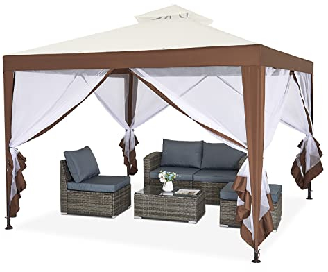 Mondeer Gazebo da giardino, 3 x 3 m, doppio tetto gazebo con 4 zanzariere laterali per ombra e pioggia, struttura in metallo stabile, beige e marrone