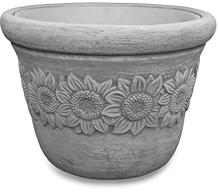 gartendekoparadies.de Bllumentopf mit Sonnenblumen-Motiv Größe M Pflanzgefäß aus Steinguss, H. 27 cm, 11 Liter, 12 kg, Grau, frostsicher für Außenbereich