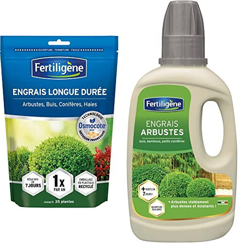 Fertiligène Engrais Longue durée Osmocote Max Arbustes, Buis, Conifères, Haies 700g & FEPO400 Engrais Liquide Arbustes en Pots, Buis et Bambous 400 ML - Arbustes Plus Vert en 7 Jours - 400 ML