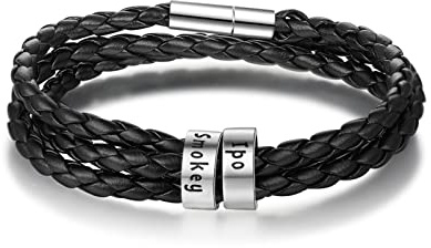 Läderarmband för män personligt namn graverat armband läderfläta armband gåvor för män pappa make farfar pojkvänner 1-6 namn (2 Namn)
