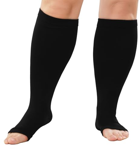 LOFIR Plus Size Compression Socks: Flight Socks for Women Large Calves Wide Calf Graduated Compression Socks for Men Open Toe Stockings for Support Travel Pregnancy Nurses 20-30 mmHg Black 3XL 1Pair