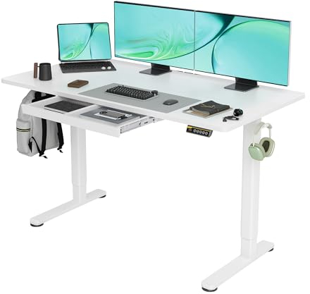 Claiks Höhenverstellbarer Schreibtisch 140x60cm mit Schublade, 80kg Tragkraft Elektrisch Schreibtisch Höhenverstellbar mit 3-Funktions-Memory und 2 Kopfhörerhaken, Standing Desk with Drawer, Weiß
