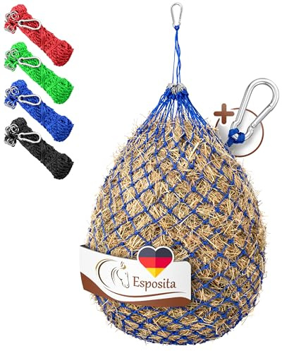 Esposita Heunetz für Pferde groß, Heusack, Heunetz engmaschig 3x3 cm Blau mit Ringen und Karabinerhaken, Heunetz Pferd Heusack für Pferde