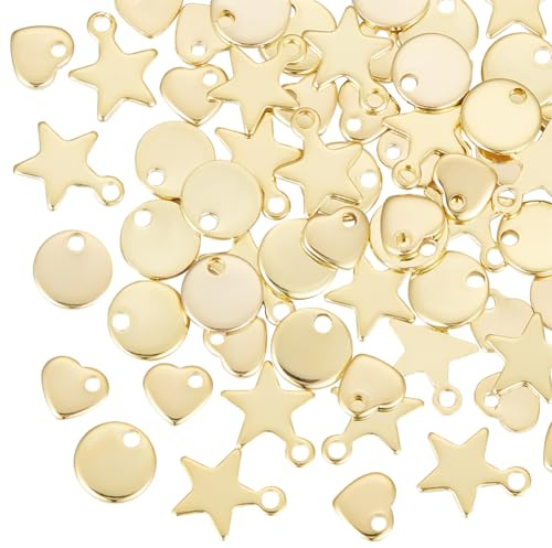 UNICRAFTALE 60Stk Edelstahl Charms Anhänger für Schmuckbasteln | 3 Stile,Herz Anhänger zum Stanzen,Leeres Prägeetikett,Goldene Stern Anhänger,Runde Perle,Für Armband,Für DIY Halskette