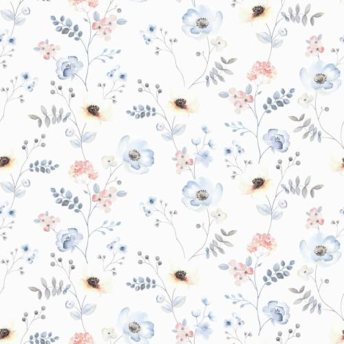 VaryFloral Fototapete Selbstklebend Tapete Beige 30.5cmx300cm Blumentapete Aquarell Klebefolie Möbel Tapete Selbstklebend Vintage Gelbe Blaue Blume Mustertapete Blätter Zimmer Kabinett Schublade