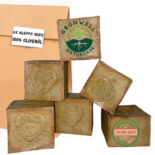 Grünwell Naturoase 6X Aleppo Seife Original ca. 1200 gr 100% Olivenöl,Olivenölseife Natürliche Pflege für Gesicht und Körper|Haarseife olivenöl seife|aleppo soap,Naturseife|DERMATEST:Exzellent