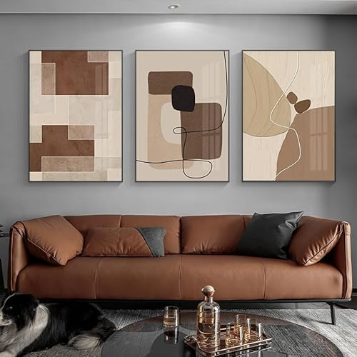 Set di 3 quadri moderni su tela geometrica astratta, beige e oro, senza cornice, decorazione per il soggiorno (C,50x70 cm)