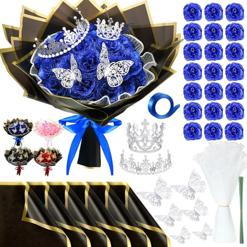 Thiccywoov 24 Pcs Glitter Roses Bouquet DIY Flower,Royal Blue