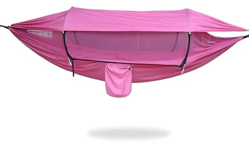 GEERTOP uppdatering 3-i-1 hängmatta utomhus med myggnät och solhållare, ultralätt camping hängmatta 200 kg lastkapacitet för utomhus, camping, vandring, resor (PINK)