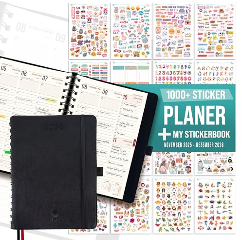 colortouch Terminplaner 2026 mit 1000 St Sticker Set für Planer, Aufkleber Journal für A5 Monatsplaner, 30 Minuten-Intervalle Wochenplaner mit Softcover, 14 Monate Kalender (Nov 25-Dez 26)