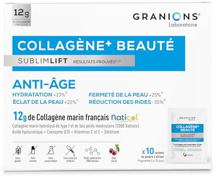 GRANIONS - Collagene Marin Poudre Beauté SUBLIMLIFT | Collagène Marin de Type 1 (12g) - Goût Cerise - Collagene et Acide Hyaluronique Anti-âge - Coenzyme Q10 - Acide Hyaluronique - 10 sachets