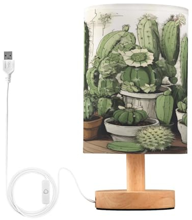 SKYSHU Lampe de chevet en forme de cactus - Petite lampe de bureau LED USB avec base en bois antidérapante et abat-jour agréable pour les yeux - Pour salon, chambre à coucher, dortoir, maison, bureau