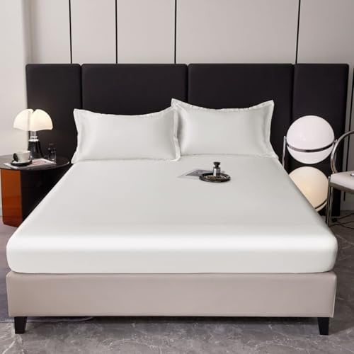 Spannleintuch Boxspringbett 200x220cm Satin Sommer, Spannbetttuch Weiß Einfarbig Bettlaken Matratzenhöhe bis 20cm Höhe